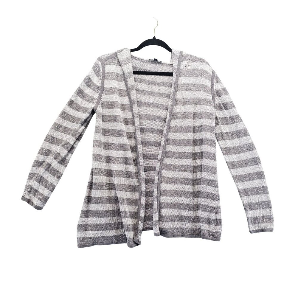 Eileen Fisher Sweater Womens Medium Gray/White Striped Hooded Open Knit